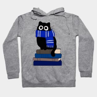 cat with blue scarf on stack of books Hoodie